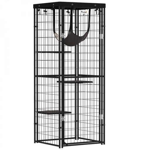 Jaula para Gatos Exterior e Interior Metálica con Cubierta Impermeable Perchas Hamaca y Puerta 61,5x55x157 cm Negro [3]