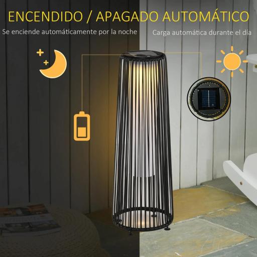 Linterna de Jardín de Ratán Sintético Farola Solar Exterior con Luces LED Encendido y Apagado Automático Impermeable para Terraza Balcón Patio Ø21,5x61 cm, Negro [5]