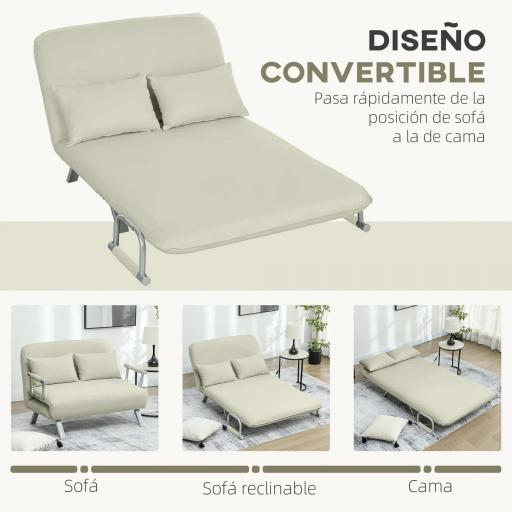 Sofá Cama de 2 Plazas con Respaldo Ajustable en 5 Posiciones Tapizado con Tacto de Ante y Cojines 111x80x78 cm Crema [2]