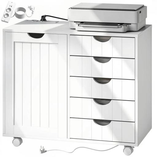 Mueble para Impresora con Estación de Carga y Ruedas 5 Cajones Puertos USB Estante Ajustable Blanco [8]