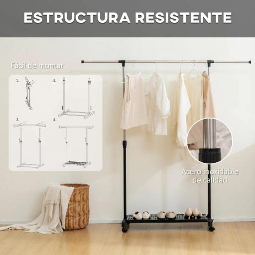 Tendedero Extensible con Ruedas con Barra de Acero Inoxidable y Estante para Zapatos 159x42x168 cm Negro y Plata [4]