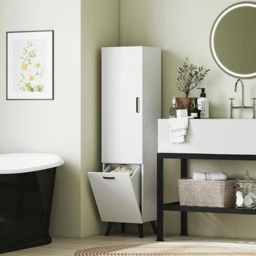 Armario Alto para Baño con Puertas y Estantes Cesto para Ropa Sucia en Espacios Reducidos 35x31,5x144 cm Blanco [3]