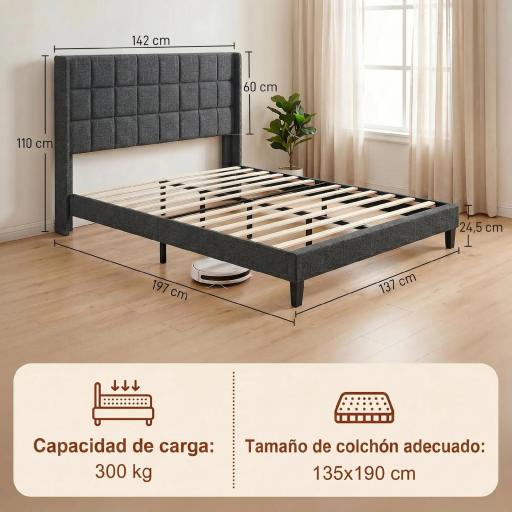 Cama 135x190 cm con Almacenaje Inferior Tapizada y Cabecero Acolchado con Orejas Gris [5]