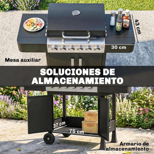 Barbacoa de Gas con 6 Quemadores Termómetro Parrilla Mesas Laterales Armario y Ruedas 135x51x101 cm Negro [6]