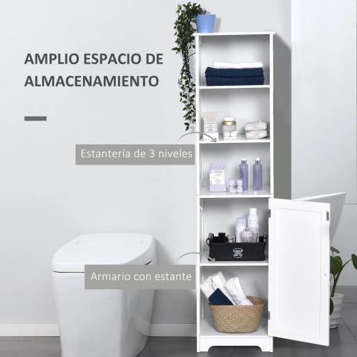 Armario Alto de Baño de 5 Niveles Columna Auxiliar de Baño con 3 Estantes 1 Puerta y Balda Ajustable 40x38x160 cm Blanco [6]