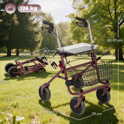 Andador para Ancianos Plegable con Asiento 4 Ruedas Altura Ajustable Frenos de Maneta Cesta Bandeja Porta Bastón Rojo [1]