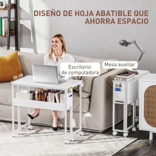 Escritorio Plegable con Ruedas Balda y Bolsillo de Almacenaje Ideal para Espacios Pequeños 80x50x75 cm Blanco [2]