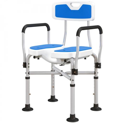 Silla de Ducha con Asiento Ranurado Altura Regulable Antideslizante Respaldo y Reposabrazos Carga 136 kg Azul [9]