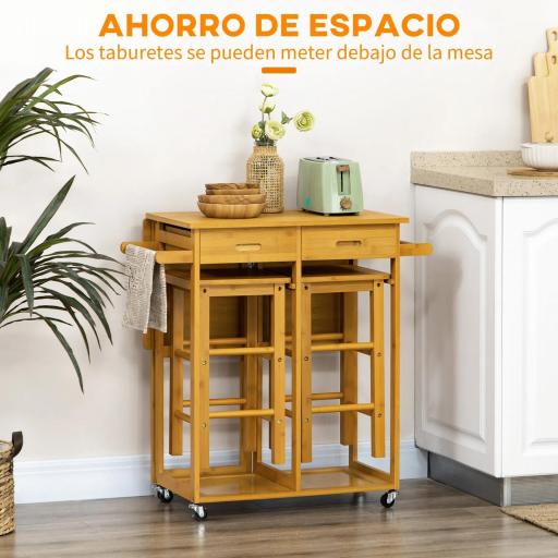 Juego de Mesa Alta de Bar y 2 Taburetes con Ruedas Mesa Plegable de Cocina con Taburetes 82,5x75,5x83,5 cm Marrón [6]