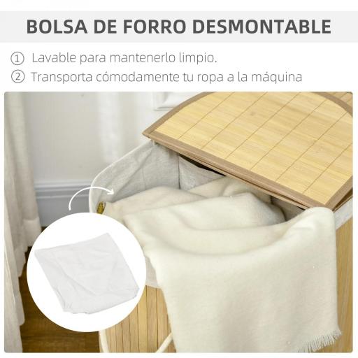 Cesto para Ropa Sucia de Bambú 100L 2 Compartimentos Bolsa Interior Extraíble y Lavable 62,5x37x60,5 cm Natural [3]