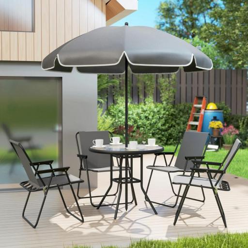 Conjunto de Muebles de Jardín de 6 Piezas con Mesa Redonda Sillas Plegables y Sombrilla para Patio y Terraza Color Gris [3]
