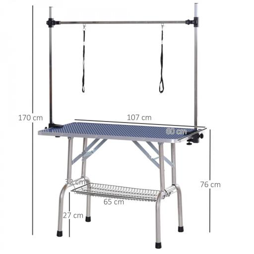 Mesa de Peluquería Canina Plegable, Mesa de Aseo con Cesta de Rejilla Metálica, Encimera Antideslizante, Barra de Acero Inoxidable Ajustable, para Perros, Gatos, 107x60x164 cm, Azul [1]