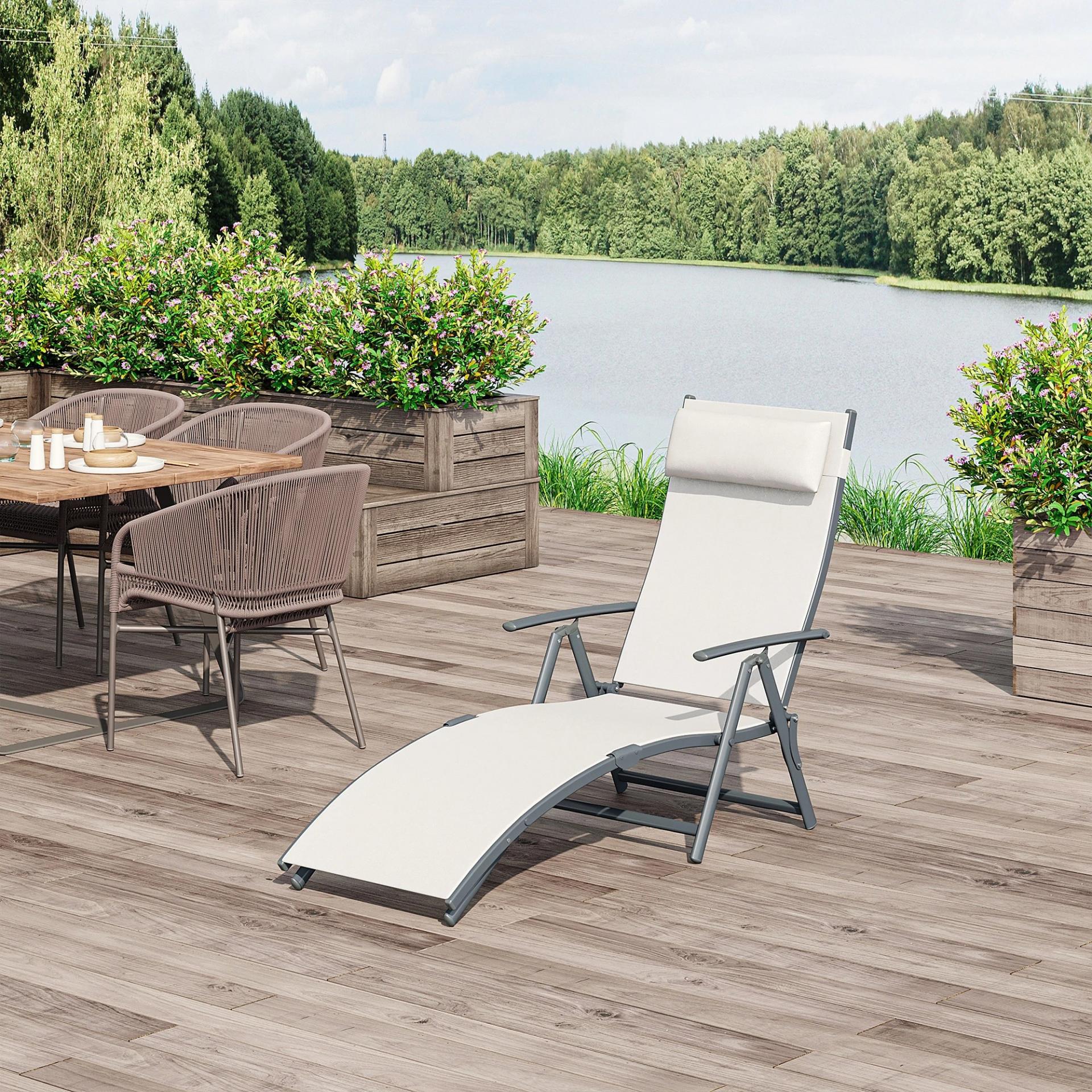 Tumbona de Jardín Plegable con Respaldo Ajustable en 7 Niveles Almohada y Reposabrazos 137x63,5x100,5 cm Beige