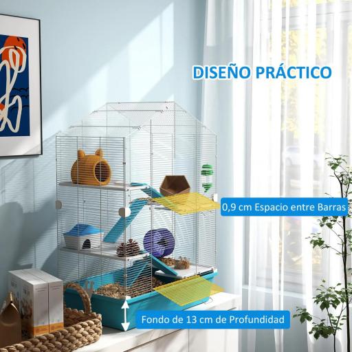 Jaula para Hámster de 5 Niveles con Plataformas Cuenco Bebedero Casita Rampas y Rueda de Ejercicio 58x36x81cm Azul Claro [3]