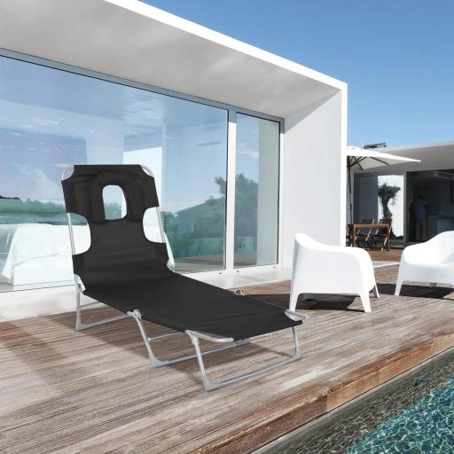 Tumbona Reclinable y Plegable de Jardín con Orificio de Lectura Reposacabezas y Respaldo Ajustable en 5 Niveles para Playa 182x56x28 cm Negro
