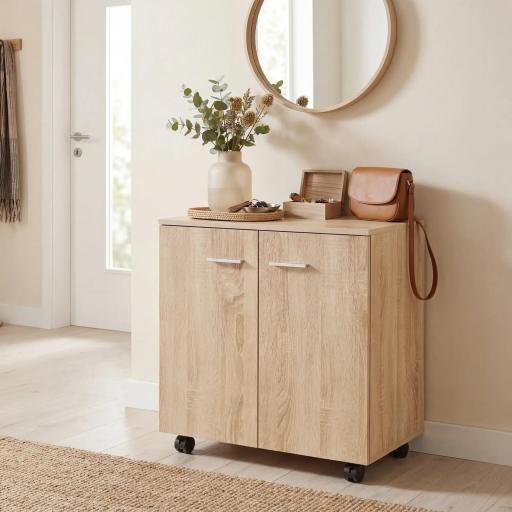 Aparador de Salón conRuedas 2 Puertas y Estantes para Sala de Estar Dormitorio Oficina 60x35x65 cm Natural [2]