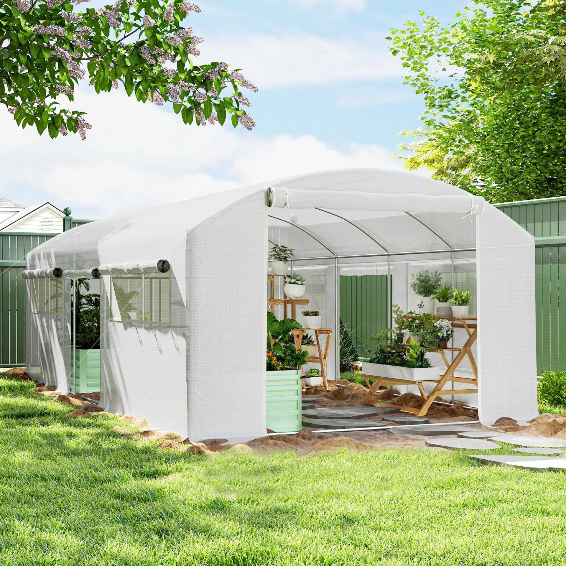 Invernadero de Túnel 6x3x2 m con 6 Ventanas de Malla Cubierta de PE Anti-UV y 3 Puertas Enrollables Blanco