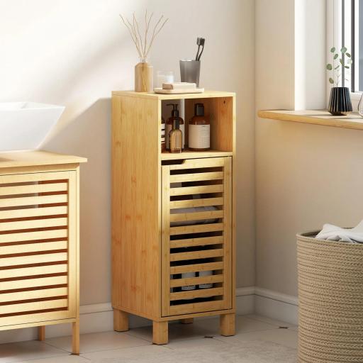 Mueble Auxiliar de Baño Estrecho con Puerta de Lamas Balda Abierto Estante Ajustable 30x30x80 cm Natural