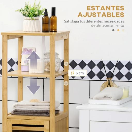 Armario Auxiliar de Baño de Bambú Estantería de Baño con 2 Estantes Abiertos y Puerta de Rejilla 32,9x29,9x120cm Natural [5]