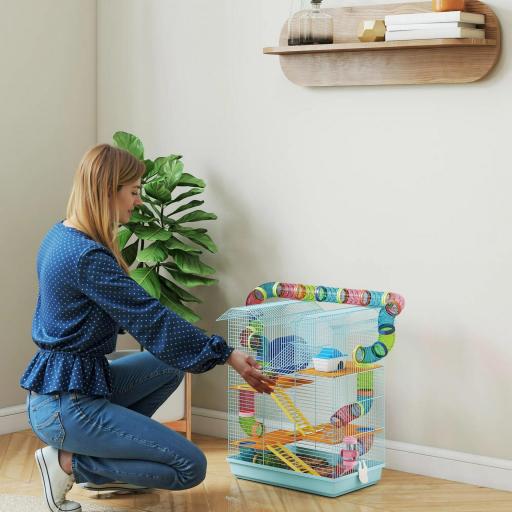 Jaula para Hámster de Múltiples Niveles con Tubos Plataformas Comedero Bebedero Casita Rueda Escaleras 47x30x59 cm Azul [1]