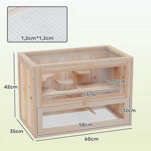 Jaula para Hámster de Madera de 2 Niveles Casa para Animales Pequeños con Plataformas Escaleras 60x35x42 cm Madera Natural [1]