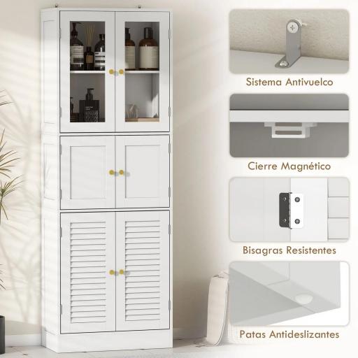 Columna de Baño Estrecha con Puertas de Vidrio Puertas de Lamas Estantes Ajustables 60x30x170 cm Blanco  [6]