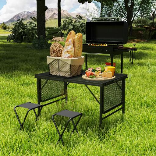 Mesa de Camping Plegable con Laterales Abatibles Altura Ajustable y Encimera Metálica de Rejilla 137x62x67 cm Negro [5]