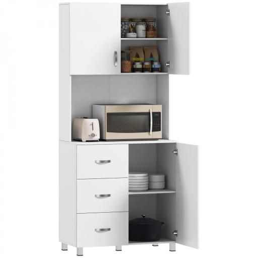 Armario de Cocina Moderno Aparador de Comedor con 3 Cajones 3 Puertas y Estantes Ajustables 80x39,5x183,5 cm Blanco [8]