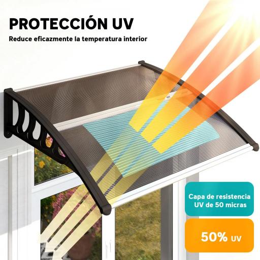 Marquesinas Exterior para Puertas y Ventanas, 103x96,5 cm, Tejadillo de Protección contra Sol y Lluvia, con Cubierta de Policarbonato, Soportes de PP y Regleta de Aluminio, Marrón [2]