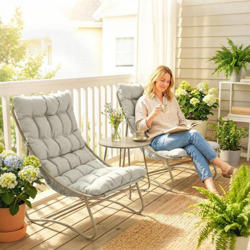 Conjunto de Jardín de 3 Piezas con 2 Sillas Lounge Mesa de Café y Cojines para Exterior Patio Balcón Gris Claro