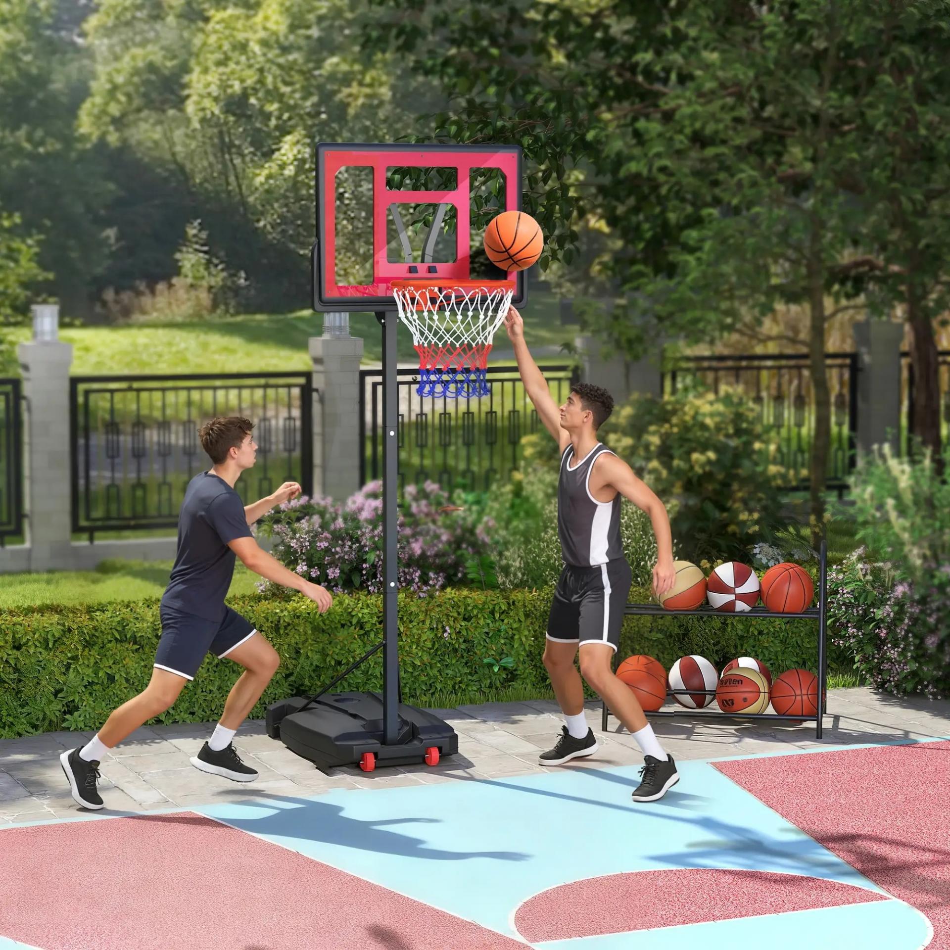 Canasta de Baloncesto Infantil con Altura Ajustable 200-260 cm Ruedas Base Rellenable y Bolsa de Peso Rojo y Negro