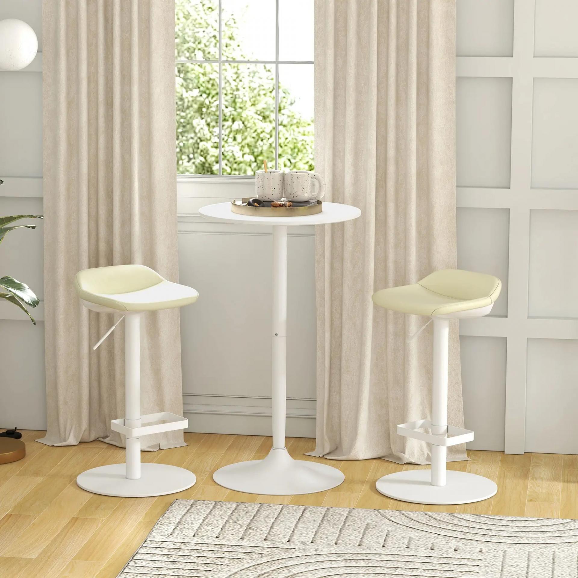 Mesa Alta de Bar Redonda Mesa de Cocina Moderna con Encimera Laminada y Marco de Acero para 2 Personas Ø60x102 cm Blanco