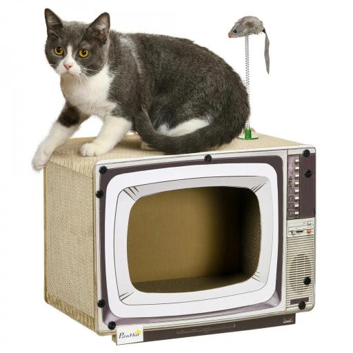 Rascador de Cartón para Gatos en Forma de Televisor con Ratón de Juguete 43x23x32,5 cm Arena [8]