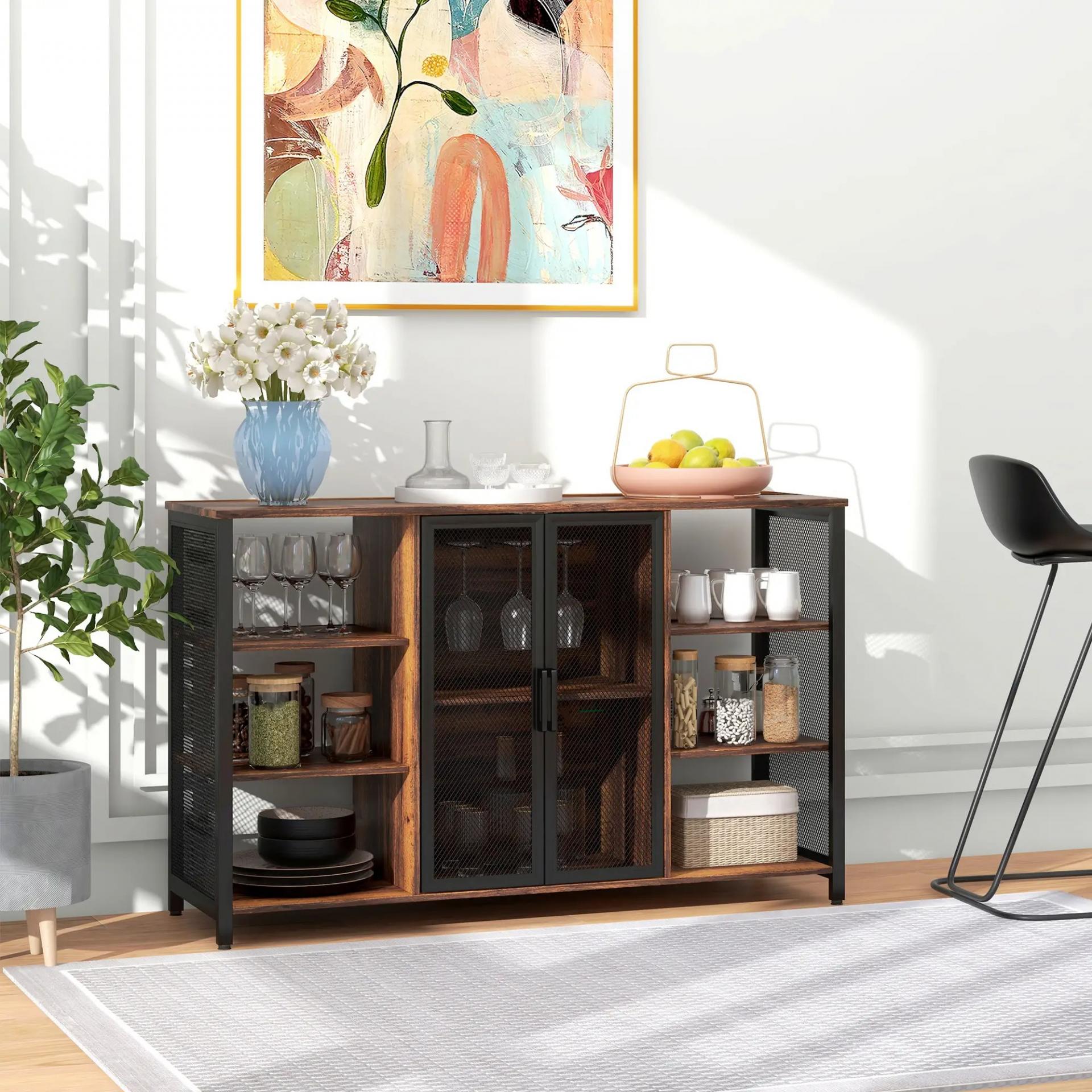 Aparador de Cocina con 6 Estantes Abiertos Porta Copas y Estante Ajustable para Bar Comedor 120x40x76 cm Marrón Rústico