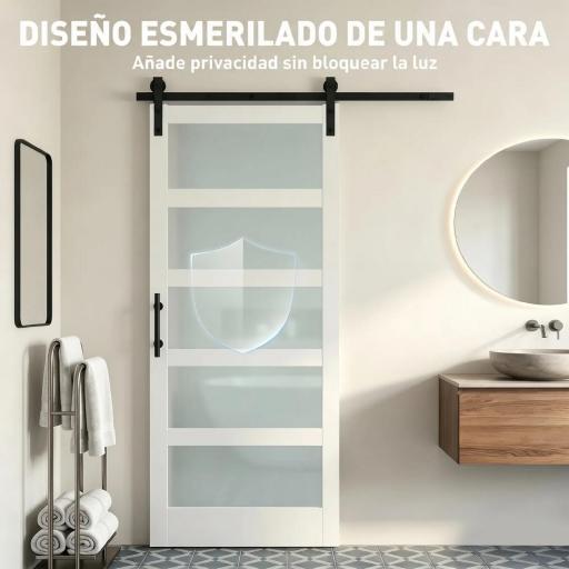 Puerta Corredera Interior 91x213 cm con Kit de Montaje, MDF y Vidrio Esmerilado, Riel y Herrajes, Blanco [7]