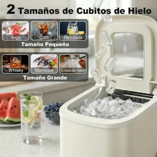Máquina de Hielo Autolimpiable 12 kg/24H 9 Cubitos Listos en 7 Minutos 2 Tamaños de Hielo 1,2L Depósito Beige [3]