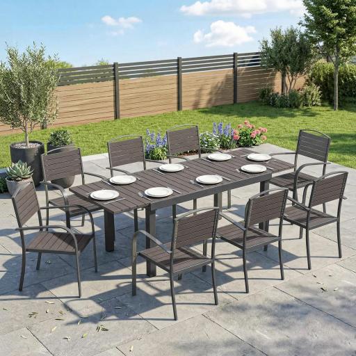 Conjunto de Mesa y Sillas Jardín con Mesa Extensible Marco de Aluminio 8 Sillas y Tablero de Lamas de Madera Plástica