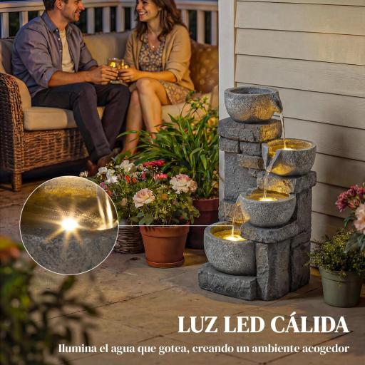 Fuente de Jardín con Iluminación LED Bomba Fuente Decorativa en Cascada de 4 Niveles Flujo Ajustable Gris [3]