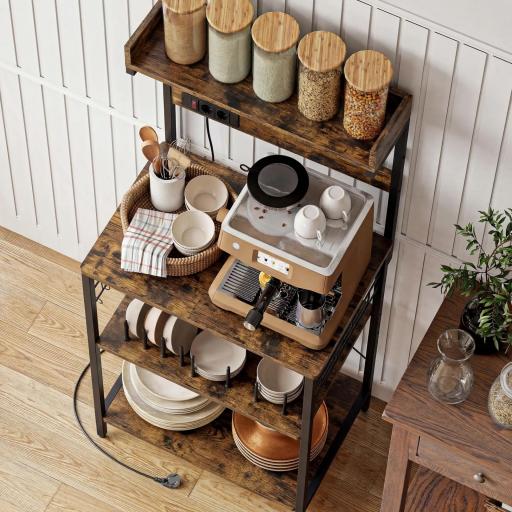 Estantería de Cocina con 2 Tomacorrientes Estante para Microondas Estante Ajustable Ganchos 60x42x137 cm Marrón Rústico [7]