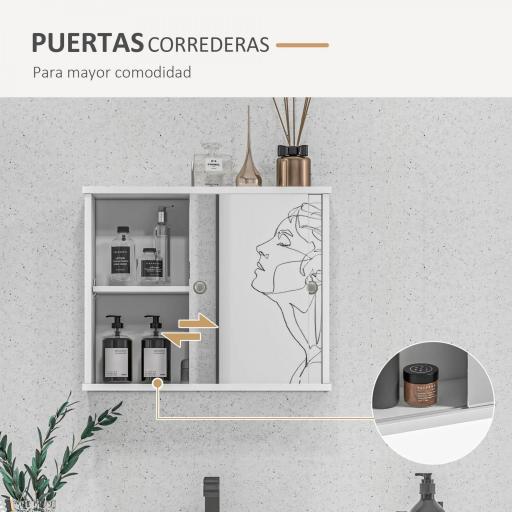 Armario con Espejo de Pared con Estante Ajustable y Puerta Corredera Doble para Lavabo 55x15x45 cm Blanco Brillante [8]