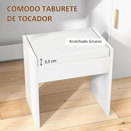 Tocador de Maquillaje con Taburete Espejo LED Cajones Estante Ajustable y Estantes Abiertos para Dormitorio Blanco [3]