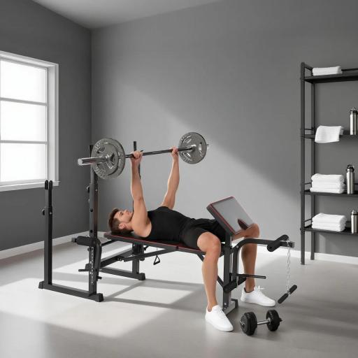 Banco de Pesas con Soportes para Barra y Respaldo Ajustable para Entrenamiento Completos de Cuerpo Negro
