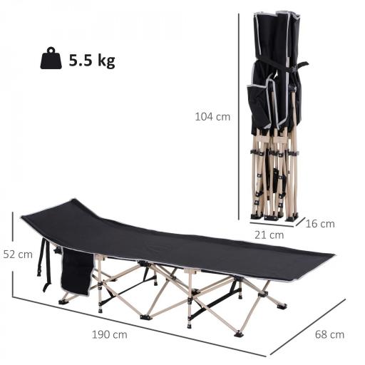 Cama de Acampada con 1 Bolsillo Lateral Bolsa de Transporte y Marco de Acero Carga 150 kg 190x68x52 cm Negro [5]