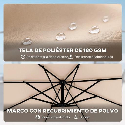 Parasol Excéntrico Ø300 cm con Base Cruzada Manivela Funda Protectora y Cuerdas de Viento UPF30+ Caqui [3]