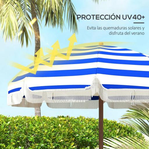 Sombrilla de Playa con Flecos Ø190x210 cm con Protección UV40+ Antiviento Impermeable Bolsa de Transporte Azul y Blanco [2]