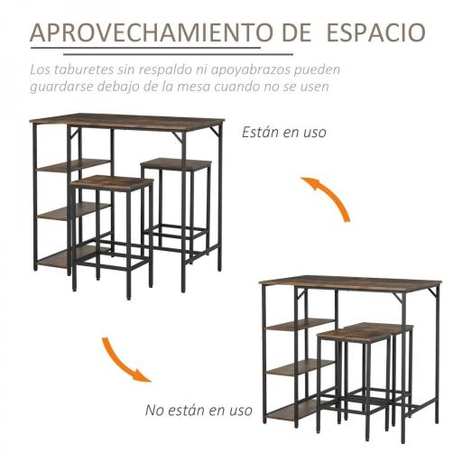Set de Mesa de Bar y 2 Taburetes con Reposapiés y Estantes de 3 Niveles Almohadillas 109x60x100 cm Marrón Rústico [6]