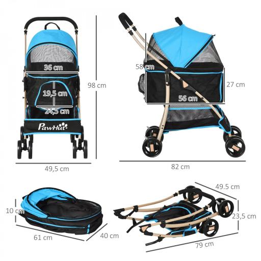 Carrito para Perros Pequeños 3 en 1 con Vagón Desmontable Cesta de Almacenaje Correas de Seguridad y Cojín Azul [3]