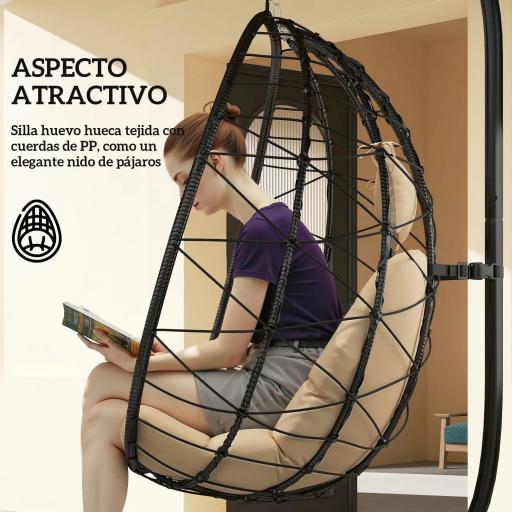 Silla Colgante Huevo con Soporte con Cesta Plegable Cojín y Reposacabezas para Interior y Exterior Carga 120 kg Caqui [4]