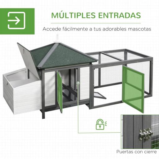 Gallinero de Madera Exterior, Jaula para Gallinas con Nidos, Corral, Bandeja Extraíble, Tapa Abatible, 196x76x97 cm, Gris [5]