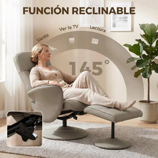 Sillón Relax Reclinable con Reposapiés Respaldo Alto Giratorio 360° Reposabrazos Beige Gris [3]